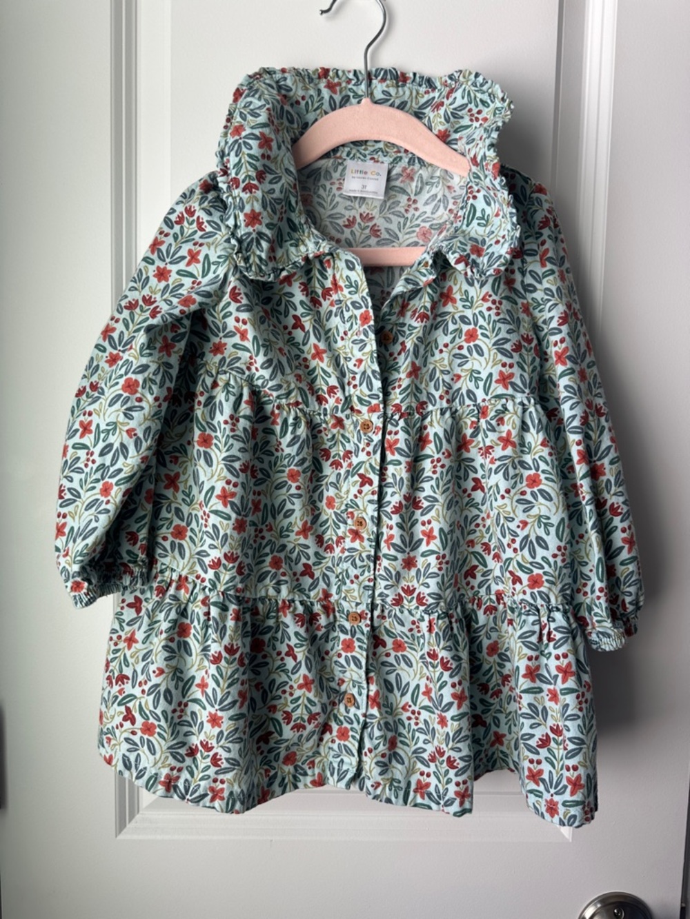 Girls' Ruffled Collar Floral Tiered Dress - Green & Red